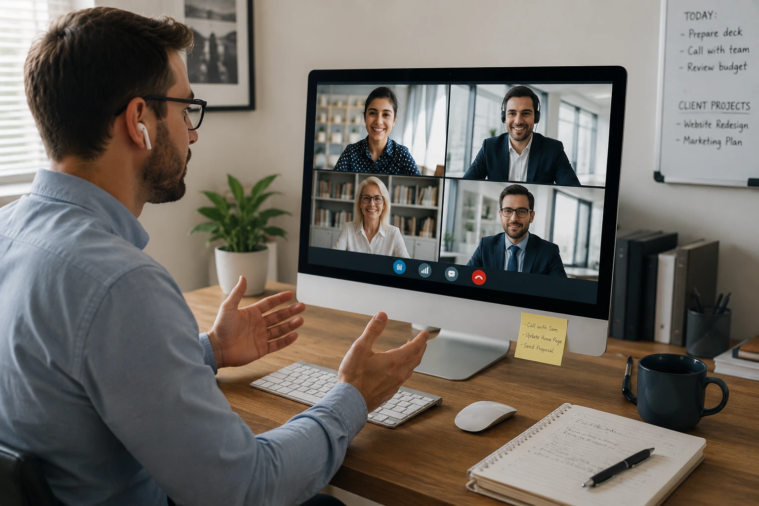 Man on a video call discussing a website brief